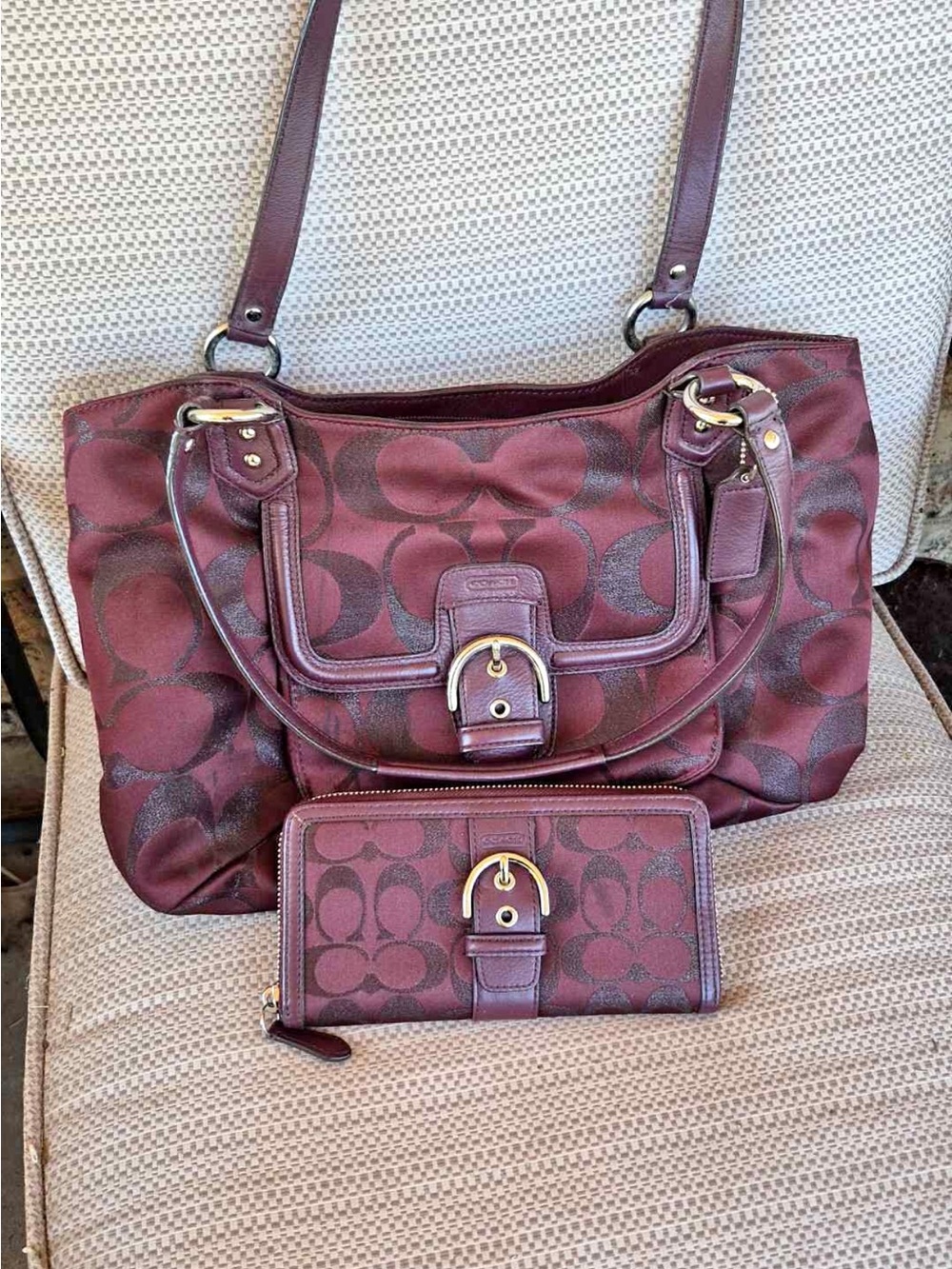 Coach Burgundy Signature Shoulder Tote with Matching Wallet